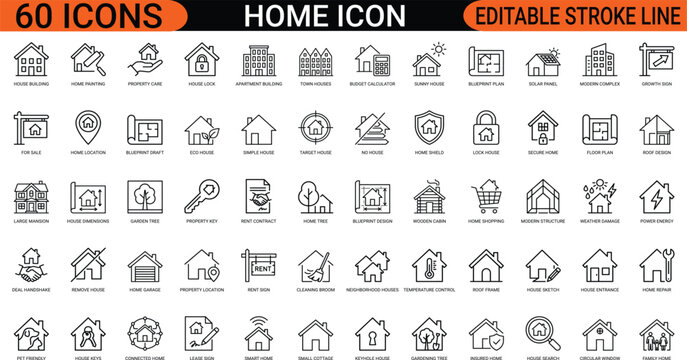 Home real estate house line art icons set, apartment building property, blueprint construction plan, security lock shield, key investment rent, web icon, app icon, outline icon, vector EPS design
