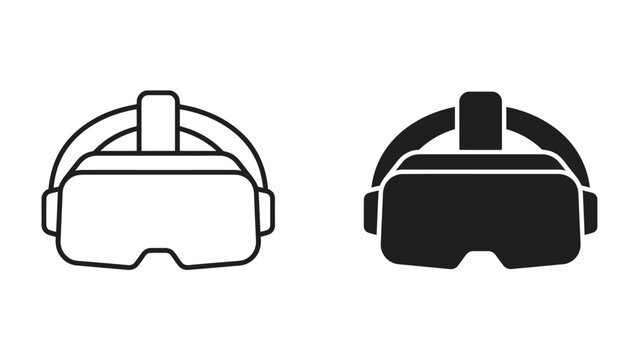 Virtual Reality Headset Icon: A minimalist graphic representation of a virtual reality headset, shown in both outline and solid black, symbolizing immersive technology and digital experiences.