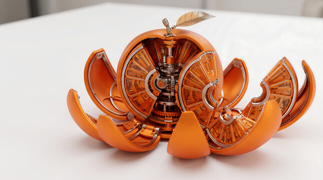 Mechanical orange fruit with intricate metal gears and glowing orange glass internal clockwork components inside