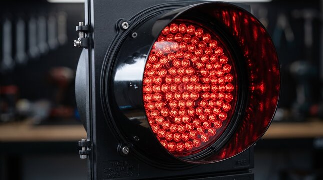 Close-up view of a red traffic signal light in a workshop setting showing details.