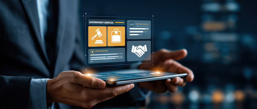 Businessman holds glowing tablet projecting a holographic government services dashboard with law, ID, and partnership icons. Perfect for egovernment, digital transformation, and smart city.