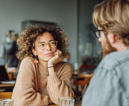 Young woman listening thoughtfully during casual workplace conversation