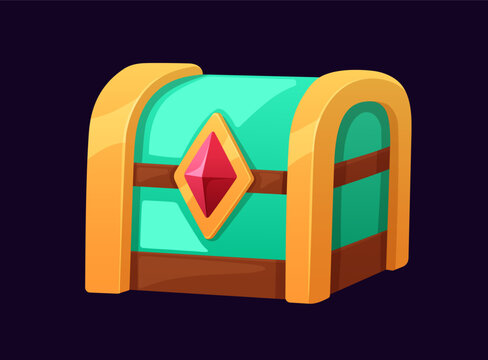 Game treasure chest. Closed box, locked case with reward, loot, fortune. GUI award chestbox for gaming UI, design element in cartoon style. Pirate wealth icon. Isolated flat vector illustration