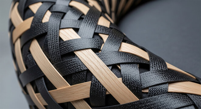 Woven leather texture background, black and tan interlaced straps, luxury braided material close-up, modern industrial design pattern
