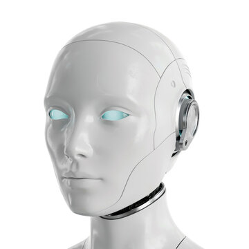 Close up portrait of a white humanoid robot head with glowing light blue eyes and metallic ear components on a white background