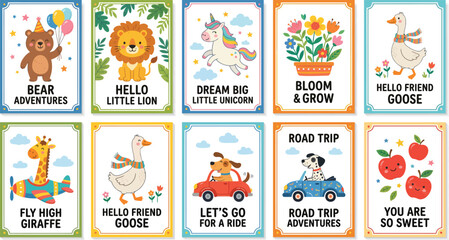 Fototapeta premium Colorful Children's Educational Posters with Animals and Vehicles