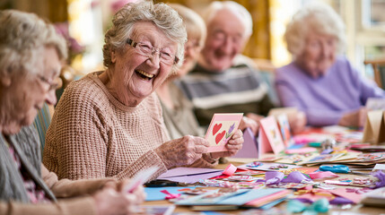 Obraz premium joyful senior woman laughing while showing handmade greeting card with hearts at craft workshop in nursing home, elderly people enjoying card making activity together.
