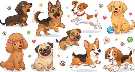 Fototapeta premium Cartoon Dogs Collection, Various Breeds and Cute Expressions