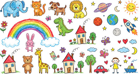 Fototapeta premium Colorful Cartoon Animals, Space, and Objects for Kids' Illustrations and Educational Materials Online