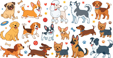 Obraz premium Cartoon Dogs Breeds Collection with Toys and Symbols