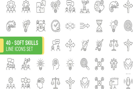 Soft skills line icons set in minimalistic style on white background for business education