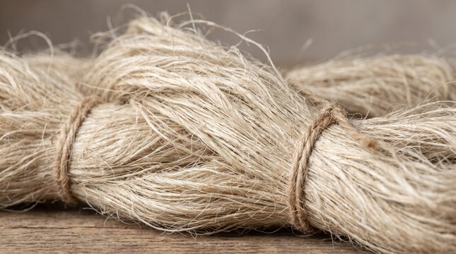 Coiled bundle of natural fiber rope.