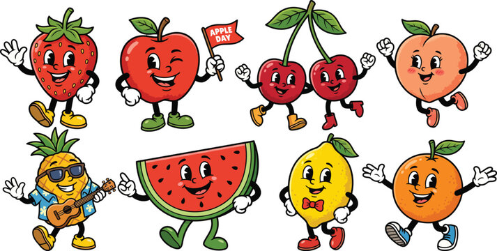 Colorful Cartoon Fruits Characters Running Smiling Happy