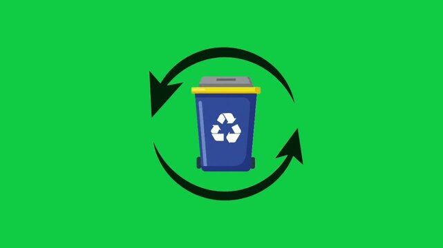 Recycling bin animation with a circular arrow on a green screen background; ideal for videos about waste management, sustainability, environmental awareness, and recycling campaigns.