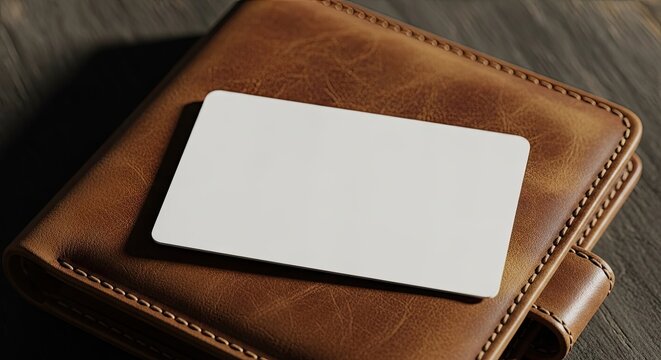 Mockup of white blank card on brown leather wallet.