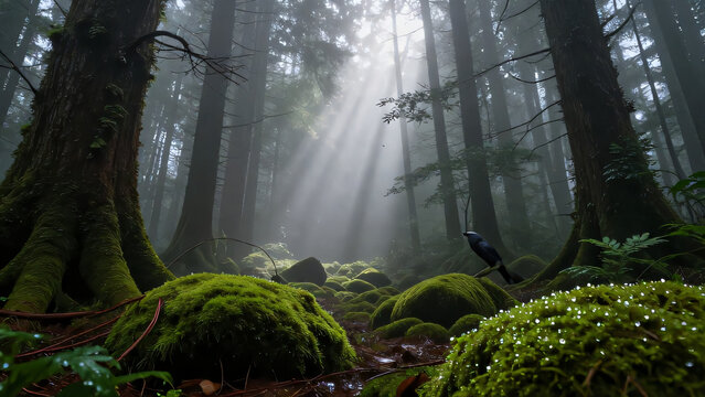 Full-sensory experience, grand landscape, misty forest, dew-kissed moss, Tyndall effect, birdsong echoing, damp and fresh, multi-sensory immersion.