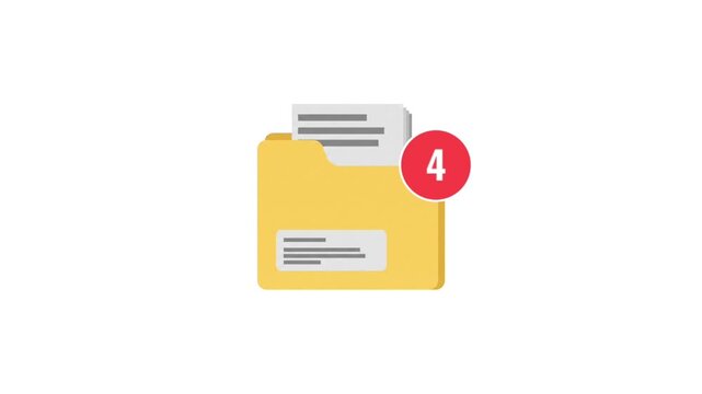 Animated folder icon with an increasing notification badge on a white background; ideal for explainer videos regarding email notifications, file management, messaging