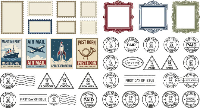 Vintage Postage Stamps and Photo Frames Collection for Travel and Mail