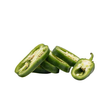 Several slices of fresh green jalape?o peppers showing the inner seeds and texture, arranged on a plain white background, for culinary use