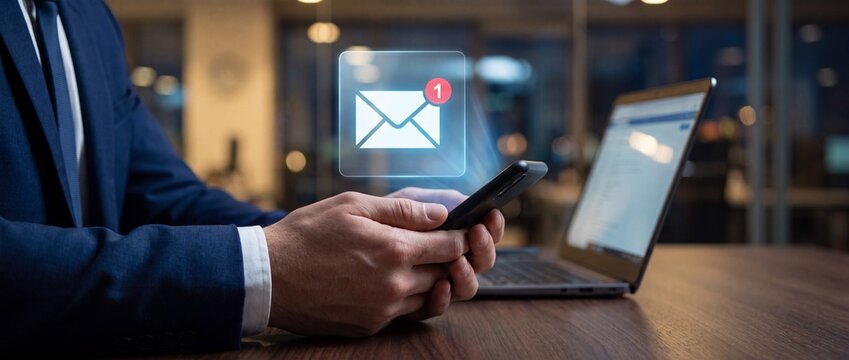 Businessman checking email notification on smartphone with professional man using mobile phone digital email icon hover
