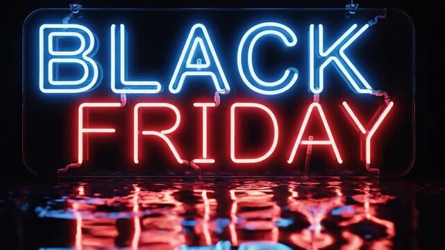 Glowing Black Friday neon sign reflected on dark wet surface