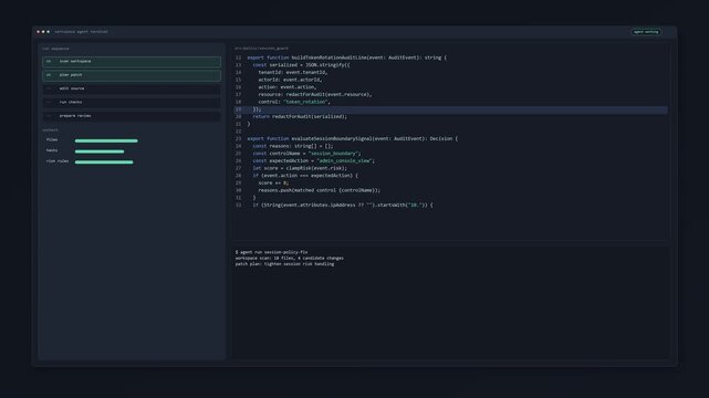 Realistic developer interface animation showing a local coding agent scanning files, editing policy code, running checks and preparing review.
