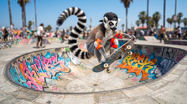 Cool Ring Tailed Lemur Doing Skateboard Air Trick in Graffiti Skatepark