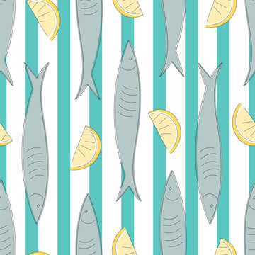 Seamless pattern with sardines and lemon slices