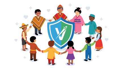 Fototapeta premium Diverse global children holding hands around a protective shield, symbolizing unity, peace, and child safety, ideal for international charity campaigns, educational materials, and child welfare