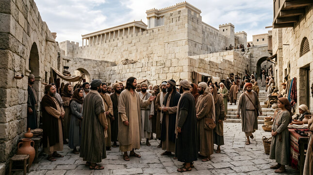 Jesus teaching a crowd in an ancient city street, with a large stone temple and city walls in the background, biblical scene
