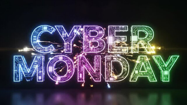 Glowing Cyber Monday text with circuit board design and sparks