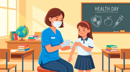 Caring nurse administering vaccine to happy school child in classroom, promoting health and safety in education, ideal for medical campaigns and pediatric care.