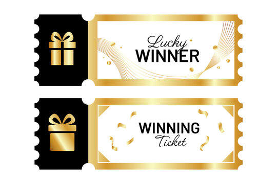 Luxury winning ticket voucher set with gold gift icons, elegant frames and festive elements. Vector coupons for raffle, giveaway, prize, lottery, promotion, reward and special events.
