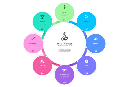 8 Circle Venn diagram infographic template. Interlocking Mobius strip loops with icons for business presentation.