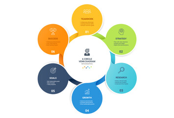 6 Circle Venn diagram infographic template. Interlocking Mobius strip loops with icons for business presentation.