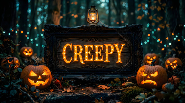 Happy halloween creepy night with glowing pumpkins and spooky sign in dark forest