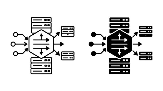 Network Diagram: Two schematic representations of a network, one in outline and one filled, illustrate data flow and server connections in a clear, concise visual format.