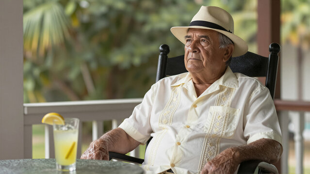 Senior man in a white guayabera sitting in a rocking chair on a porch. Pensive man rests with a cold glass of lemonade. Ideal portrait of retirement and tropical lifestyle