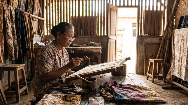 Indonesian batik artist working on a wooden frame with wax and tools in a workshop art