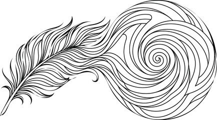 Intricate feather line art vector, decorative bird quill with swirling zen patterns, black and white bohemian plume illustration for coloring © Tapi