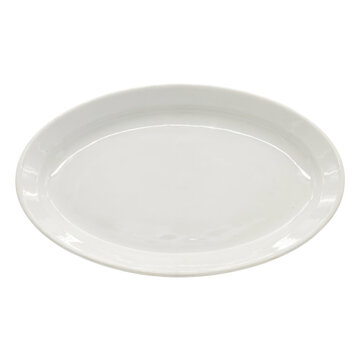 A clean white oval ceramic serving platter with a smooth surface, displayed on a white background, food presentation and dining