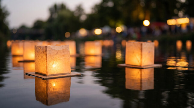Paper lanterns floating on water at dusk create a serene and illuminated scenic view sky river