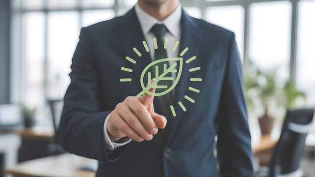 Businessman in dark suit and white shirt with black tie touching glowing green leaf icon with radiating lines, symbolizing environmental care and sustainable business practices.