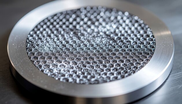 Closeup view of metallic perforated industrial filter.