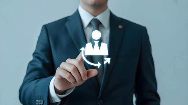 Businessman interacting with person icon and rotating arrows symbolizing employee turnover human resource cycle staff training and professional growth.