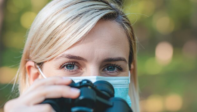 Woman with binoculars and face mask outdoors.