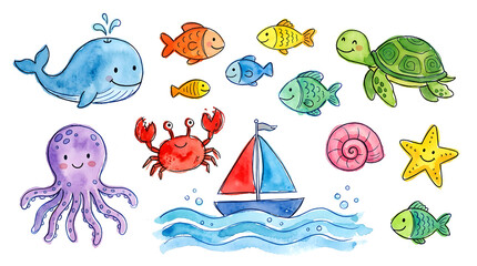 Naklejka premium Colorful ocean creatures, sea animals, cartoon fish, sailing boat illustrations, kids stickers