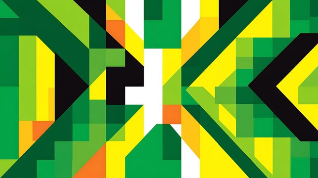 Abstract geometric pattern with black white yellow green and orange angular shapes and lines