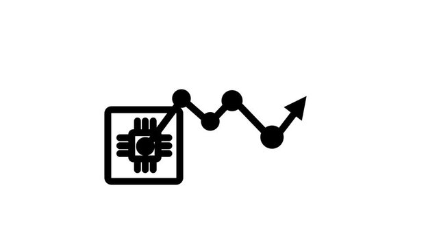 Microchip Data Processing Tracking and Tech Growth Animated Icon. High tech animation icon displaying electronic microchip processor unit connected to upward trend graph, conceptualizing automated.