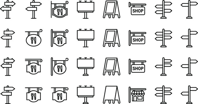 Outdoor Signboard and Direction Post Icon Set Featuring Billboards Sidewalk Boards Hanging Restaurant Signs and Storefront Plaquards in Line Art Style